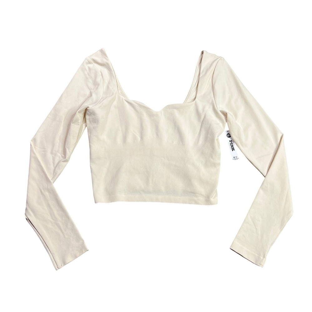 NWT PINK Victoria's Secret Medium Soft Seamless Notched Long Sleeve Top Cream